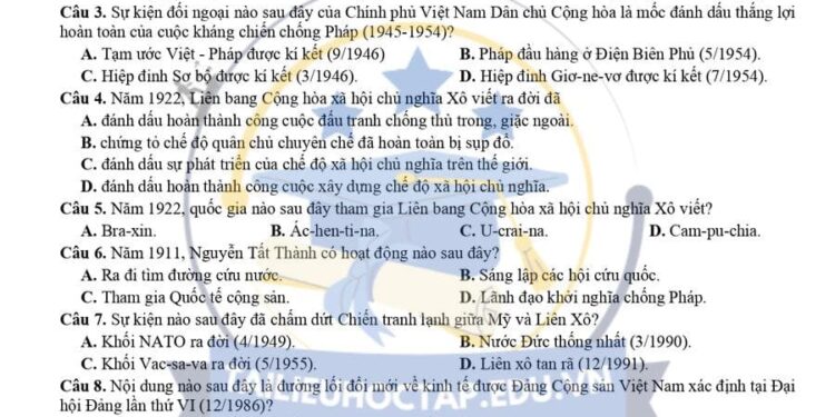Đề thi thử lịch sử thpt quốc gia 2025 Bình Dương có đáp án