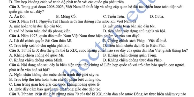 Đề thi thử tốt nghiệp môn sử THPT Gio Linh 2025 có đáp án