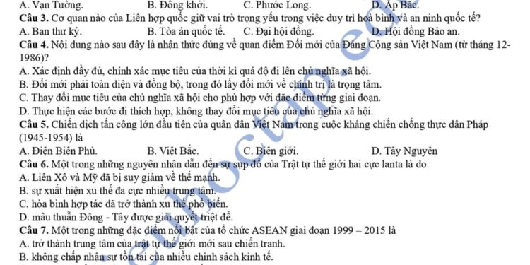 Đề thi thử tốt nghiệp môn sử tỉnh Vĩnh Long 2025 có đáp án