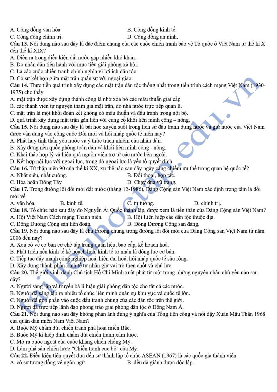Đề thi thử tốt nghiệp môn sử tỉnh Vĩnh Long 2025 2