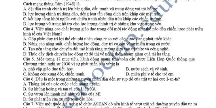 Đề thi thử tốt nghiệp môn sử Bà Rịa Vũng Tàu 2025 lần 2