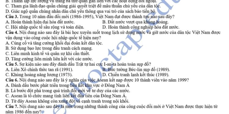 Đề thi thử lịch sử cụm THPT Quảng Yên 2025 lần 2 có đáp án