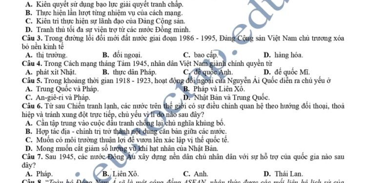 Đề thi thử môn sử cụm THPT thành phố Nam Định 2025