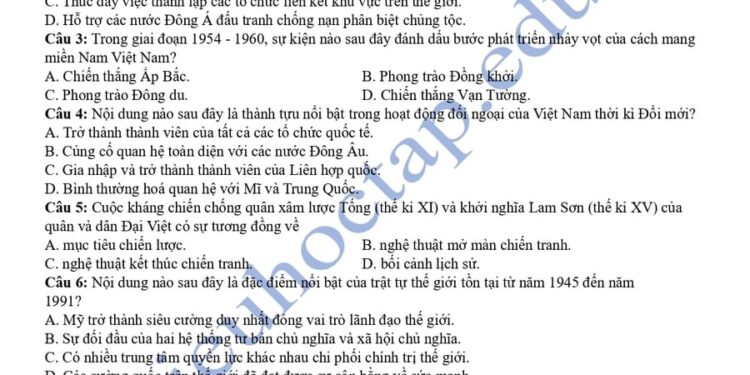 Đề thi thử tốt nghiệp môn sử thành phố Huế 2025 có đáp án