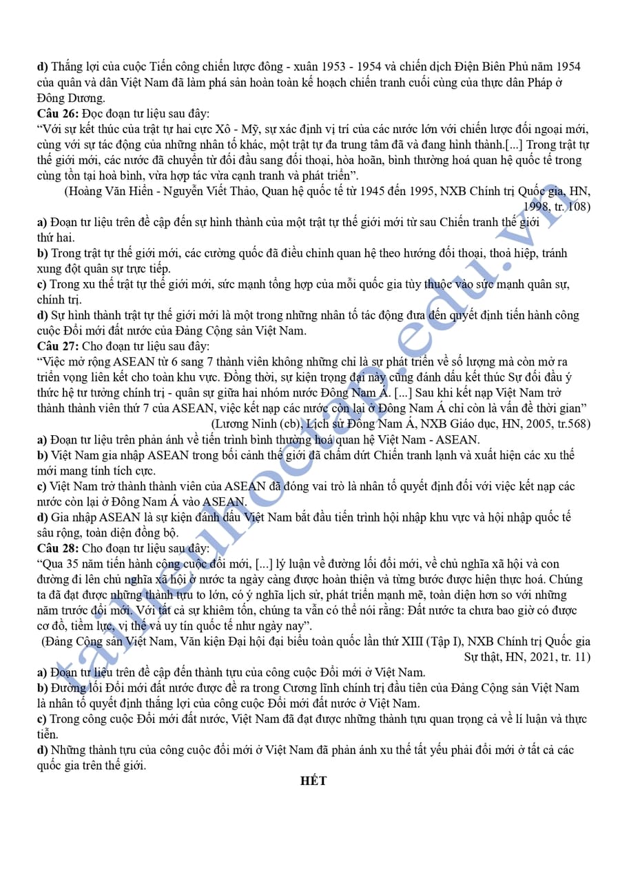 Đề thi thử tốt nghiệp môn sử thành phố Huế 2025 4