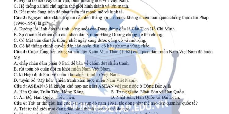 Đề thi thử tốt nghiệp môn lịch sử tỉnh Sơn La lần 5