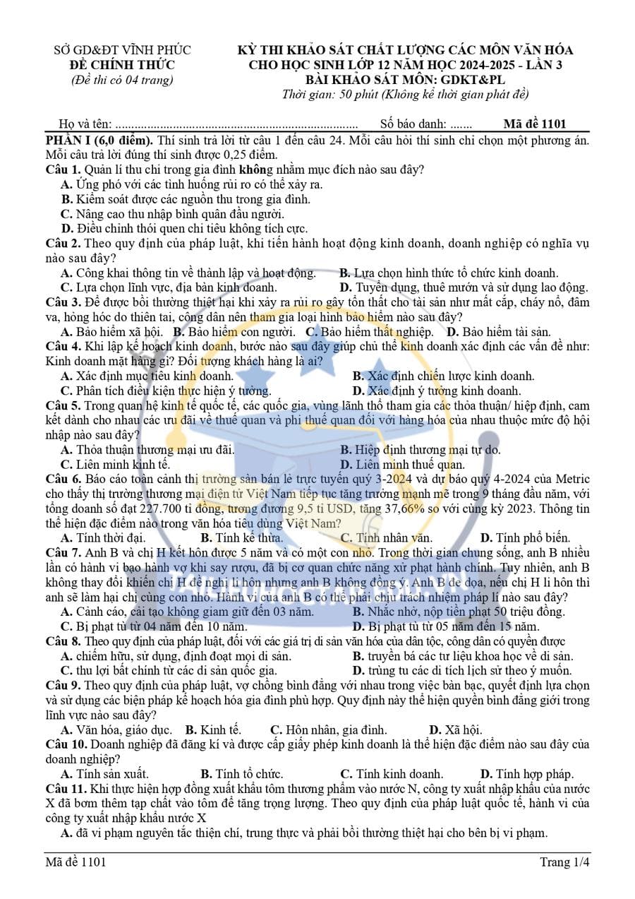 Đề thi thử tốt nghiệp kinh tế pháp luật Vĩnh Phúc 2025 lần 3