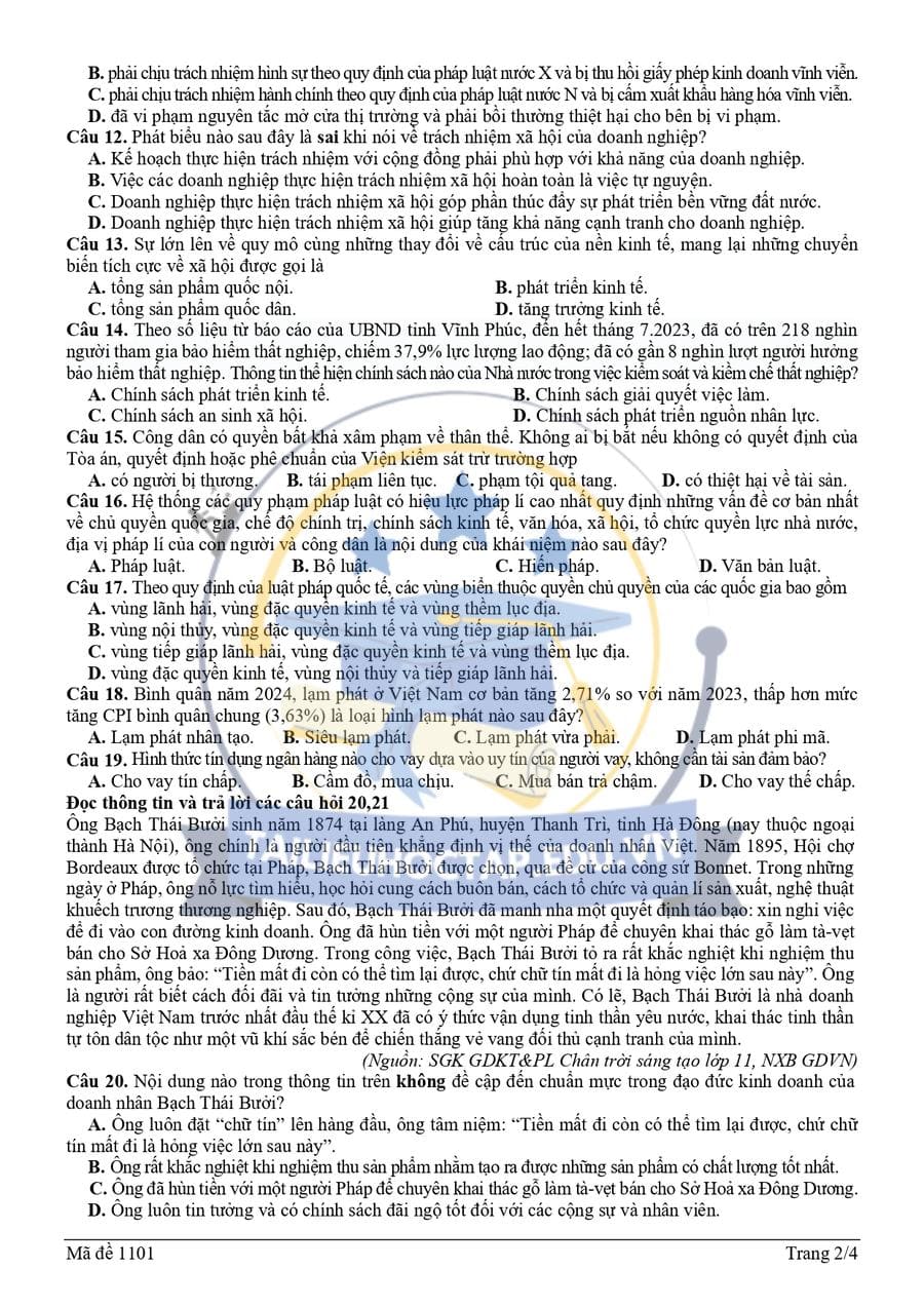 Đề thi thử tốt nghiệp kinh tế pháp luật Vĩnh Phúc 2025 lần 3 2