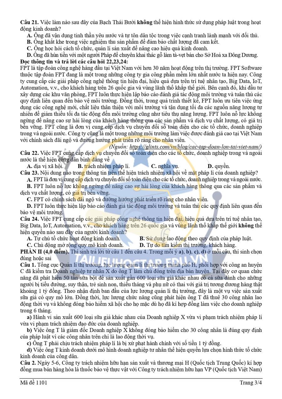 Đề thi thử tốt nghiệp kinh tế pháp luật Vĩnh Phúc 2025 lần 3 2