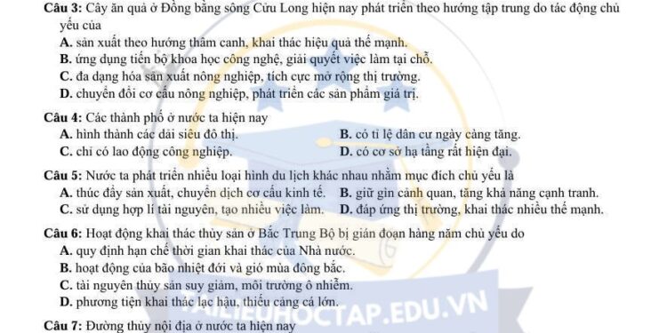 Đề thi thử tốt nghiệp môn địa tỉnh Bà Rịa Vũng Tàu 2025