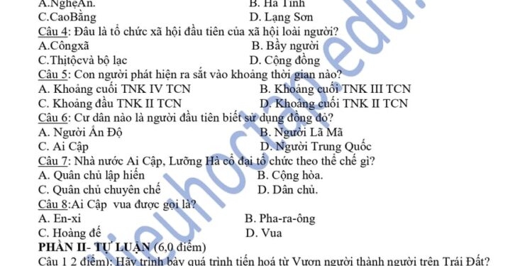 Đề thi giữa kì 1 lịch sử lớp 6 THCS Hồng An 2024