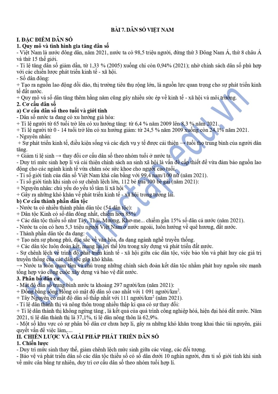 Lý thuyết địa lí lớp 12 bài 6: Dân số Việt Nam