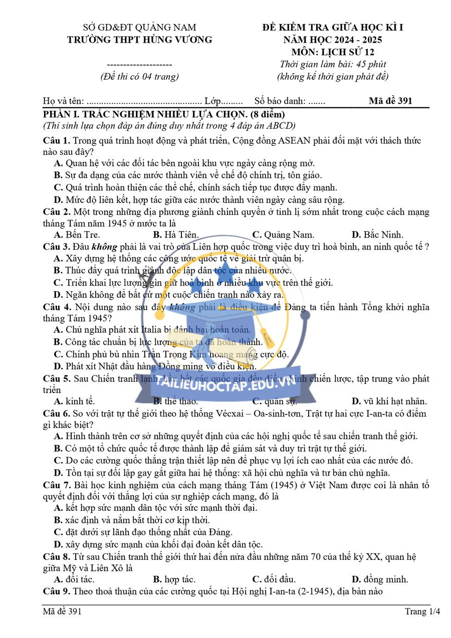 Đề thi giữa HK1 Lịch Sử 12 THPT Hùng Vương 2024