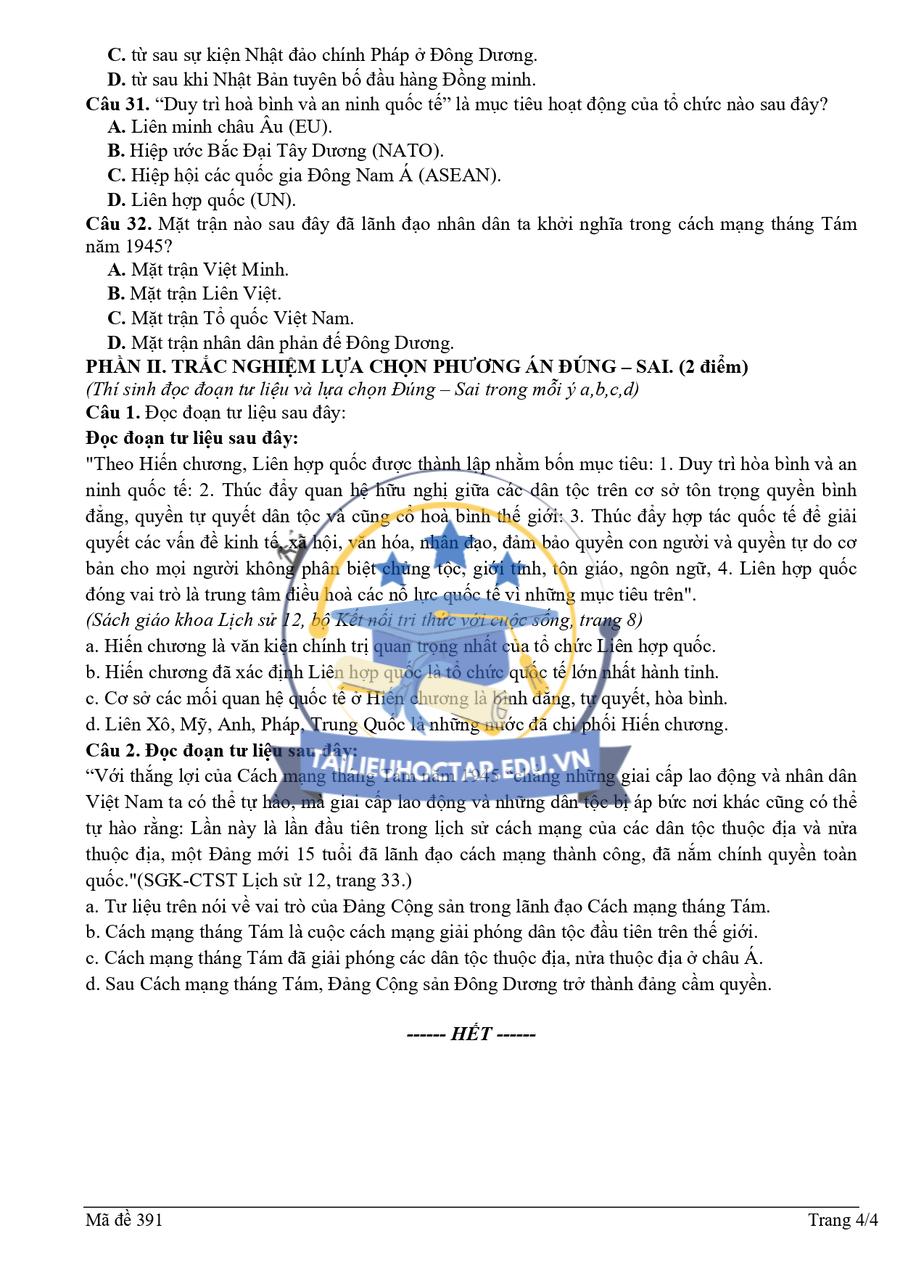 Đề thi giữa HK1 Lịch Sử 12 THPT Hùng Vương 2024 4
