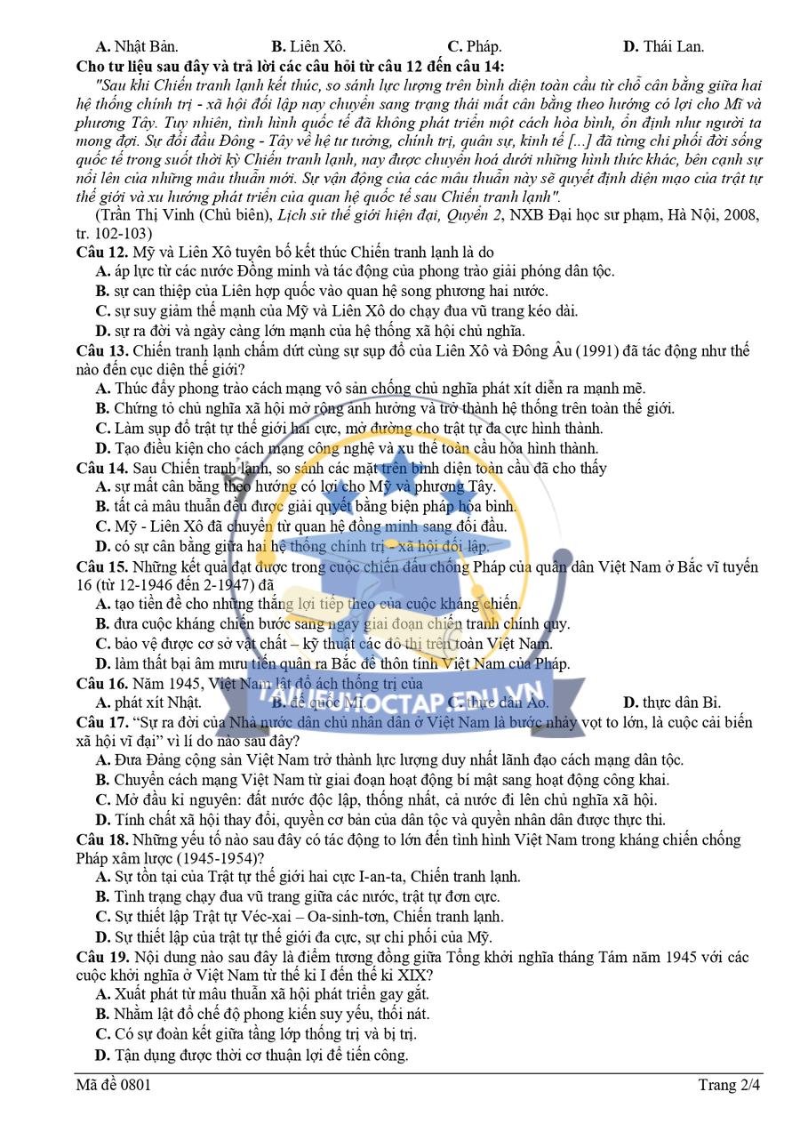 Đề thi KSCL môn lịch sử lớp 12 cụm THPT Bắc Ninh 2026 2