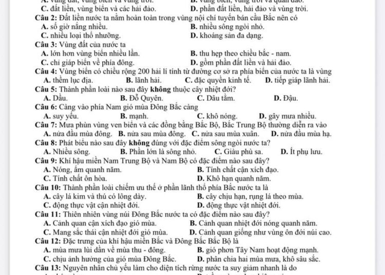 Đề thi địa lí lớp 12 giữa HK1 THPT Trần Phú 2025