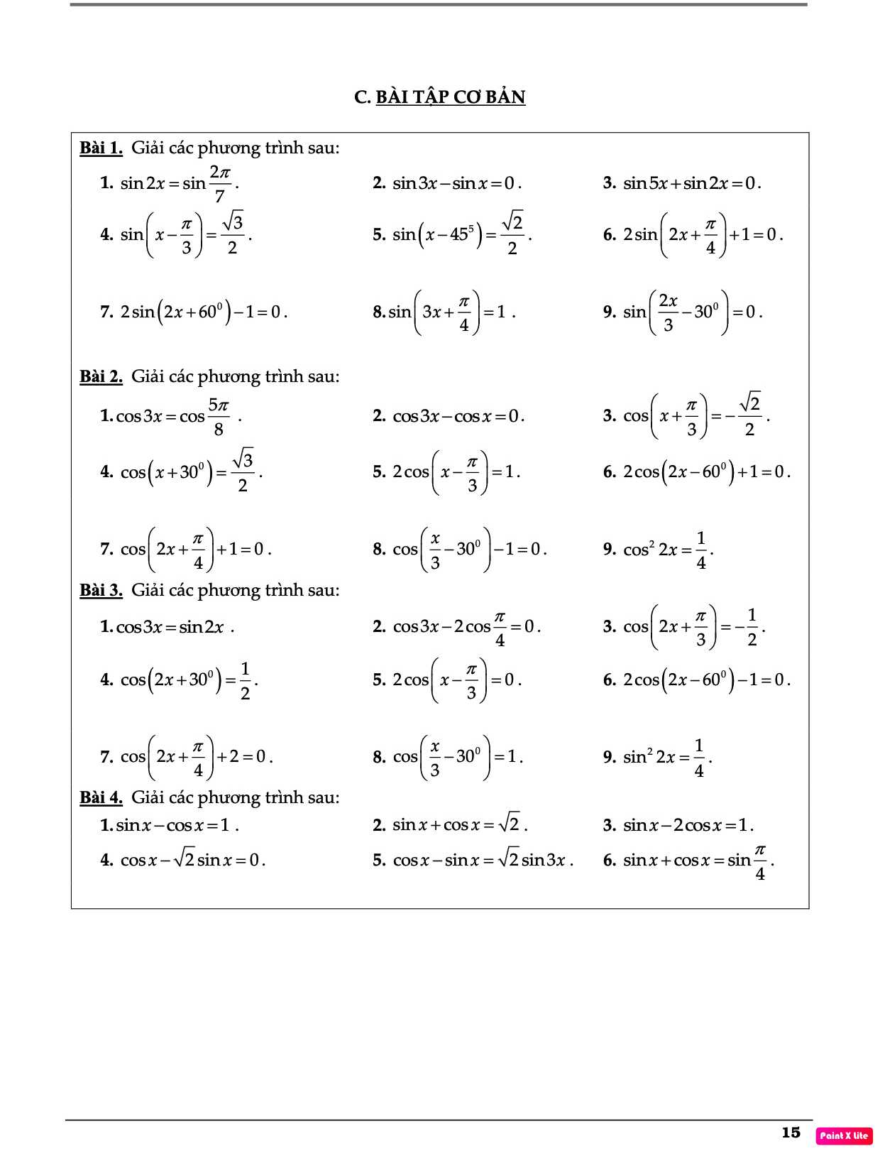 Bài tập lượng giác lớp 11 cơ bản