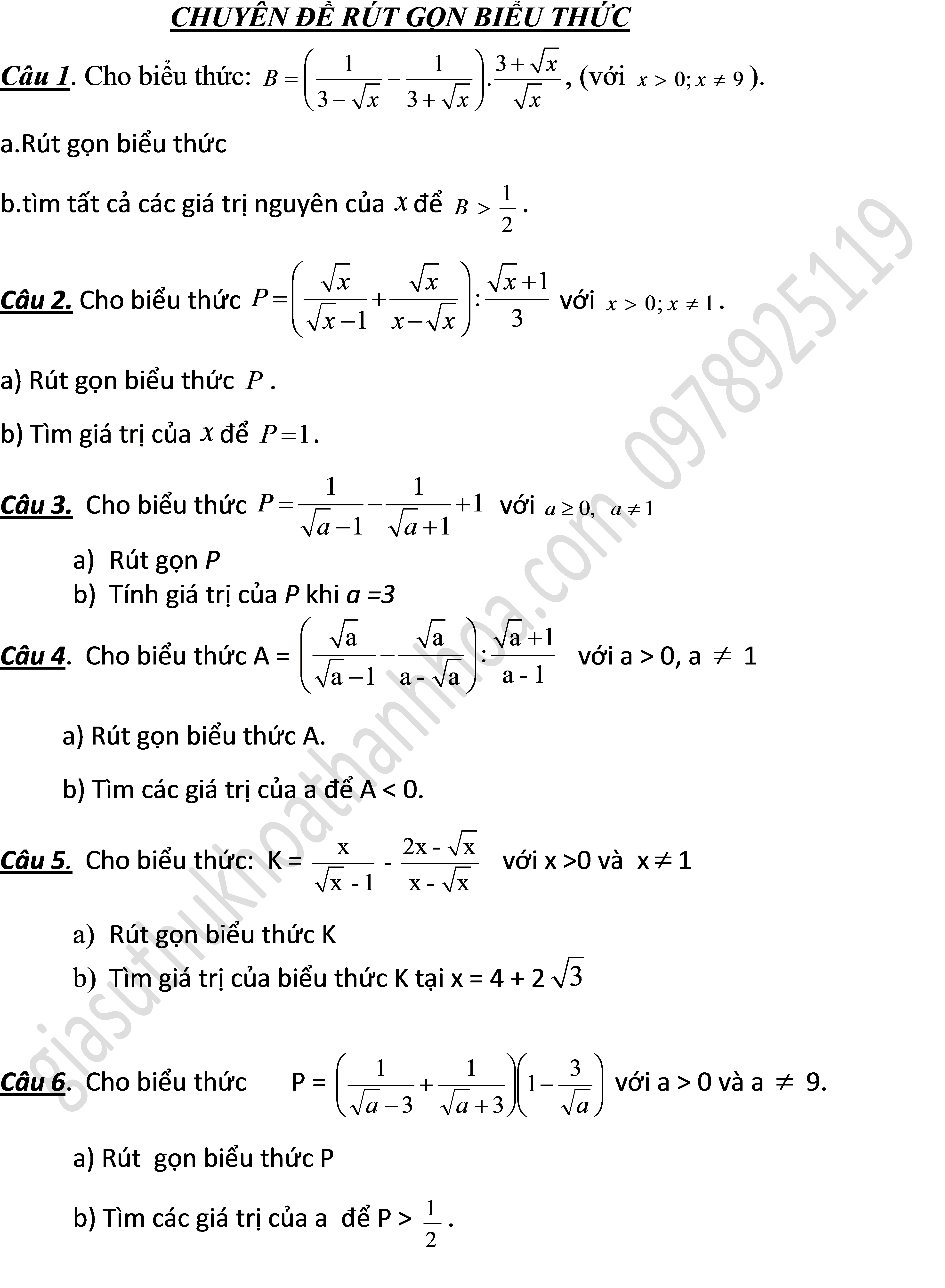 CHUYÊN ĐỀ RÚT GỌN BIỂU THỨC