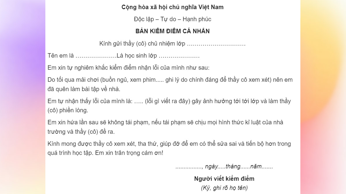 Cách viết bản kiểm điểm cấp 2 không làm bài