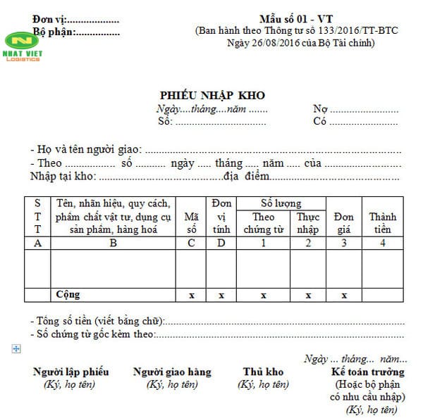 Phiếu nhập kho theo thông tư 133