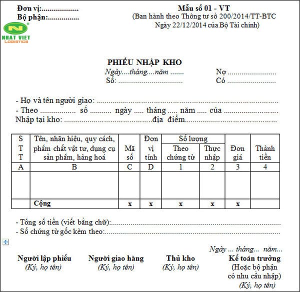 phiếu nhập kho theo thông tư 200