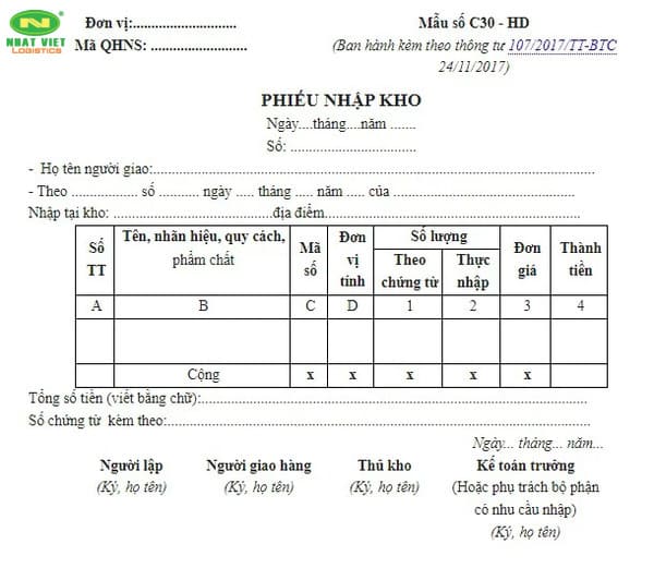 phiếu nhập kho theo thông tư 107