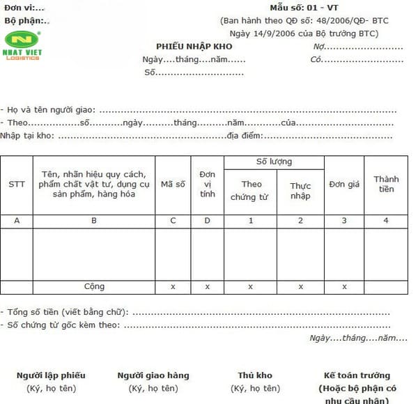 phiếu nhập kho theo Quyết định 48/2006/QĐ-BTC