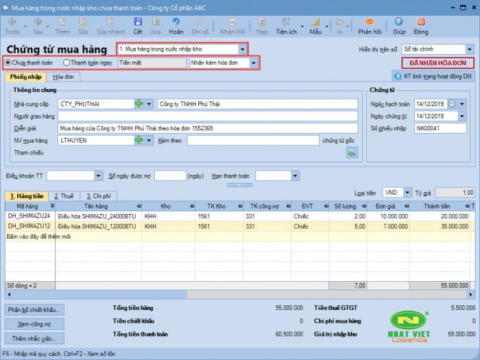 lập phiếu nhập kho trên phần mềm Misa