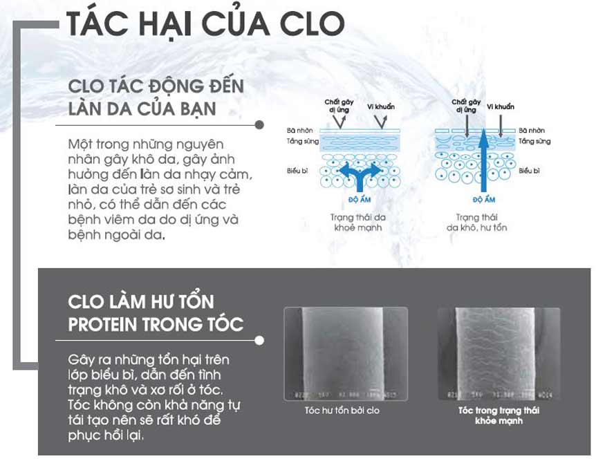 Nước Clo dư mang lại nhiều tác hại cho da và tóc.