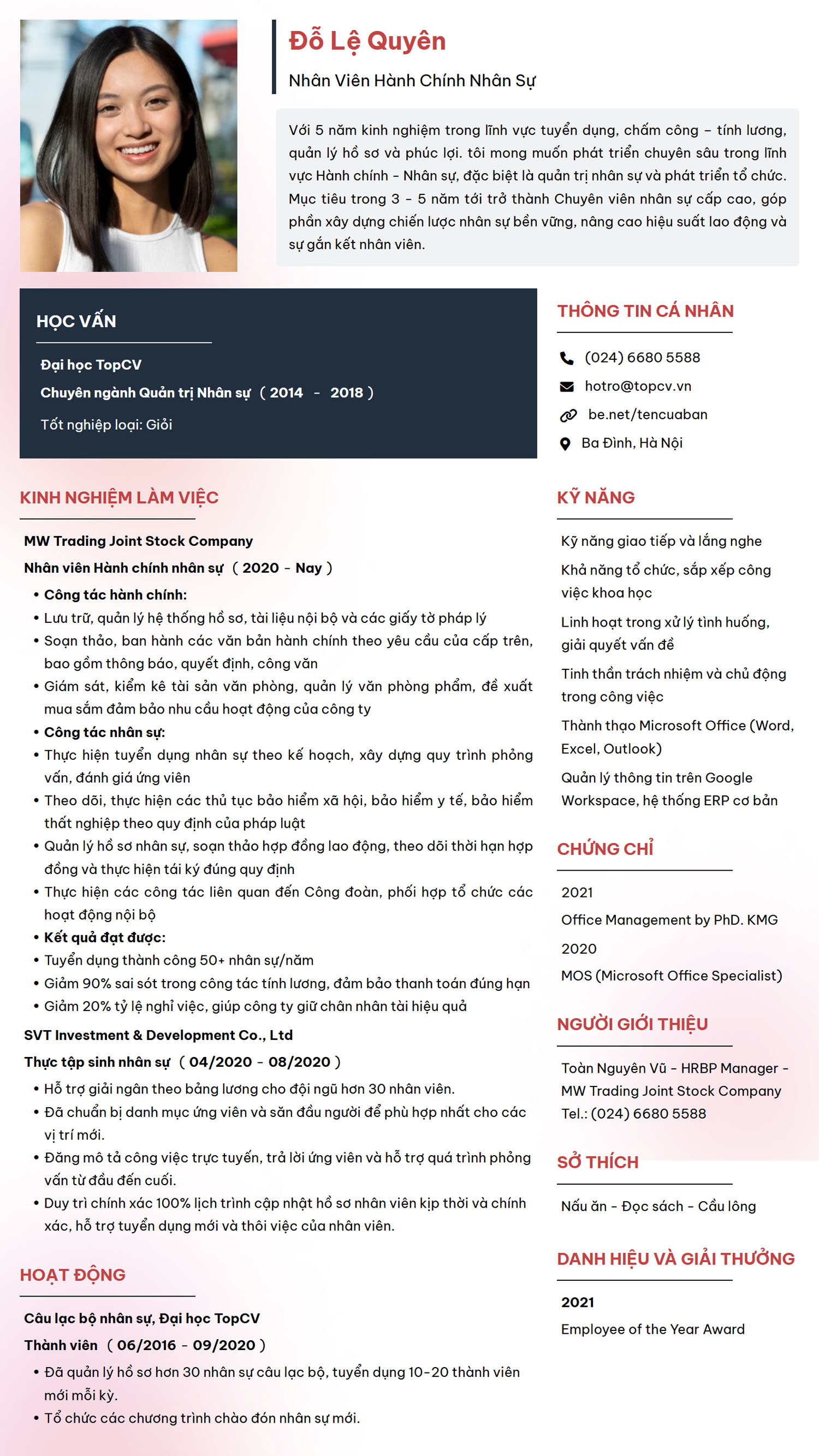 Bạn có thể tham khảo mẫu CV xin việc chăm sóc khách hàng tại TopCV