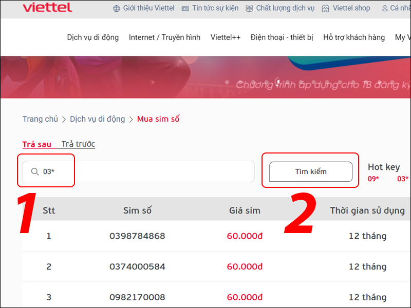 Tìm SIM với đầu số 03