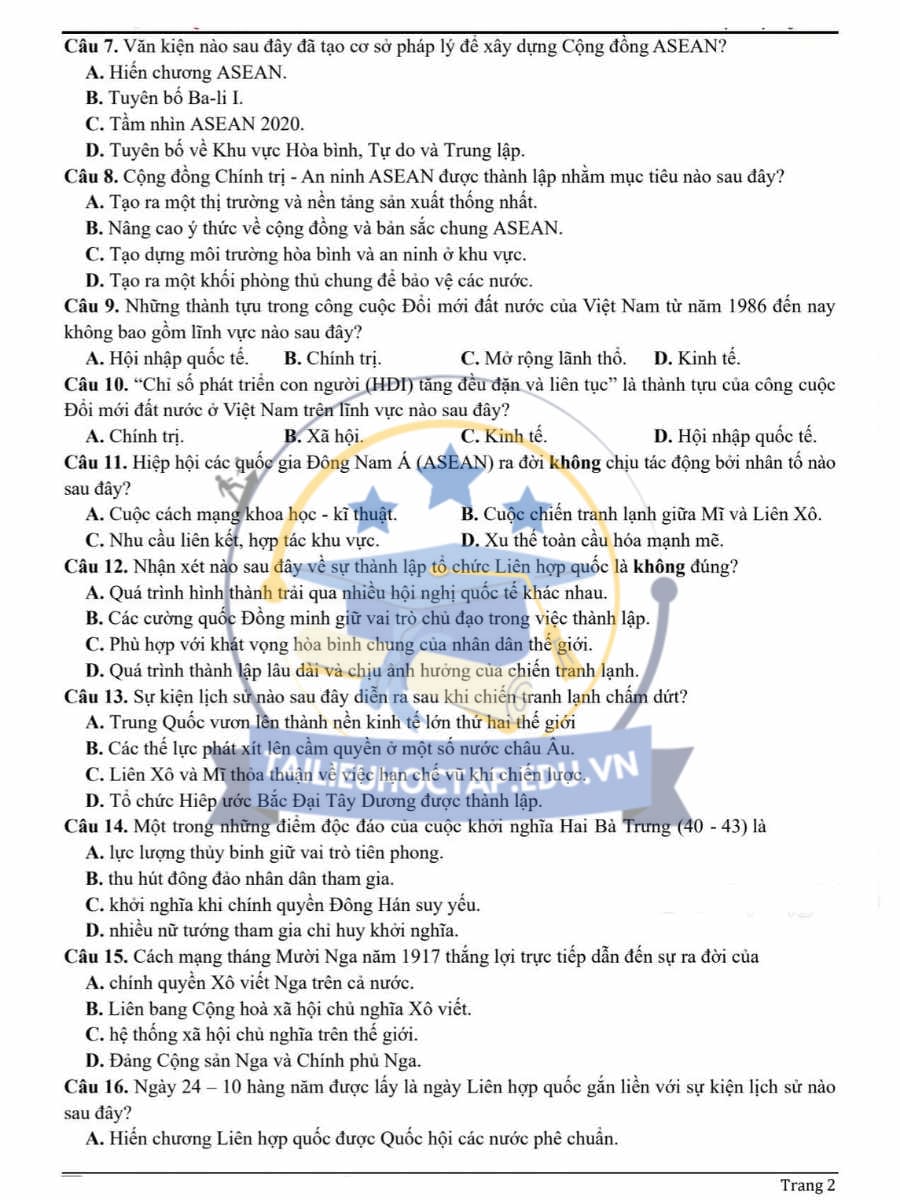 Đề thi KSCL lần 1 môn sử THPT Quế Võ Số 2 lần 1 2025 2