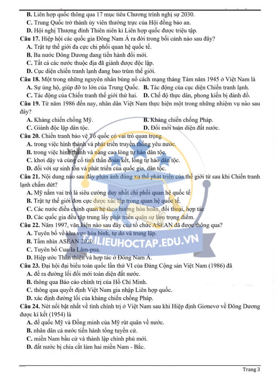 Đề thi KSCL lần 1 môn sử THPT Quế Võ Số 2 lần 1 2025 3