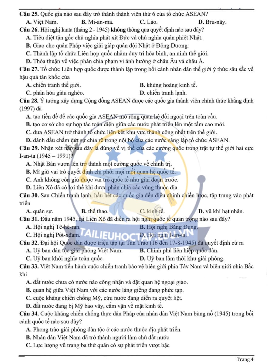 Đề thi KSCL lần 1 môn sử THPT Quế Võ Số 2 lần 1 2025 4