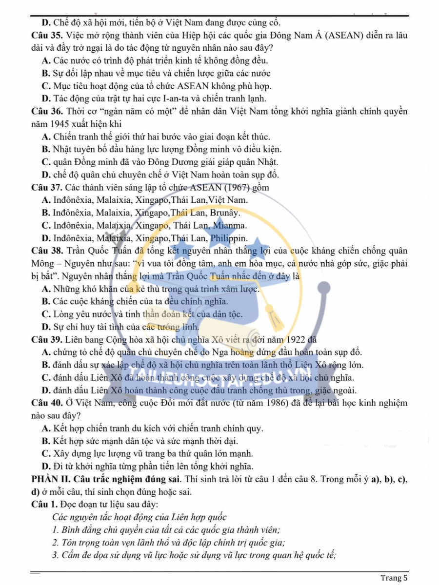 Đề thi KSCL lần 1 môn sử THPT Quế Võ Số 2 lần 1 2025 5