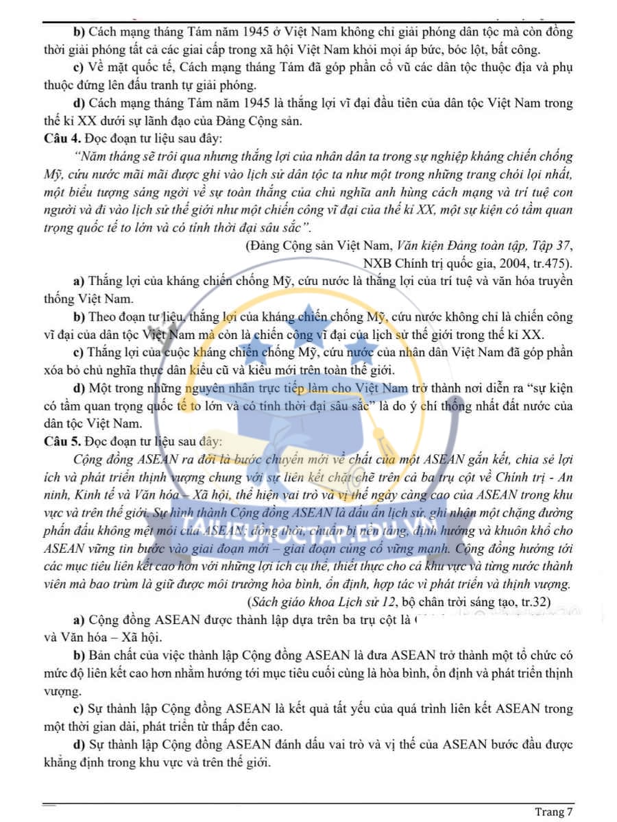 Đề thi KSCL lần 1 môn sử THPT Quế Võ Số 2 lần 1 2025 7