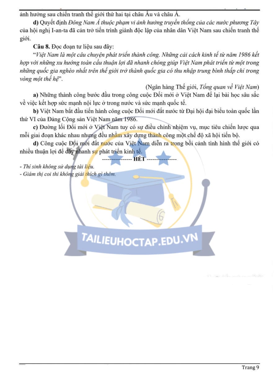 Đề thi KSCL lần 1 môn sử THPT Quế Võ Số 2 lần 1 2025 9