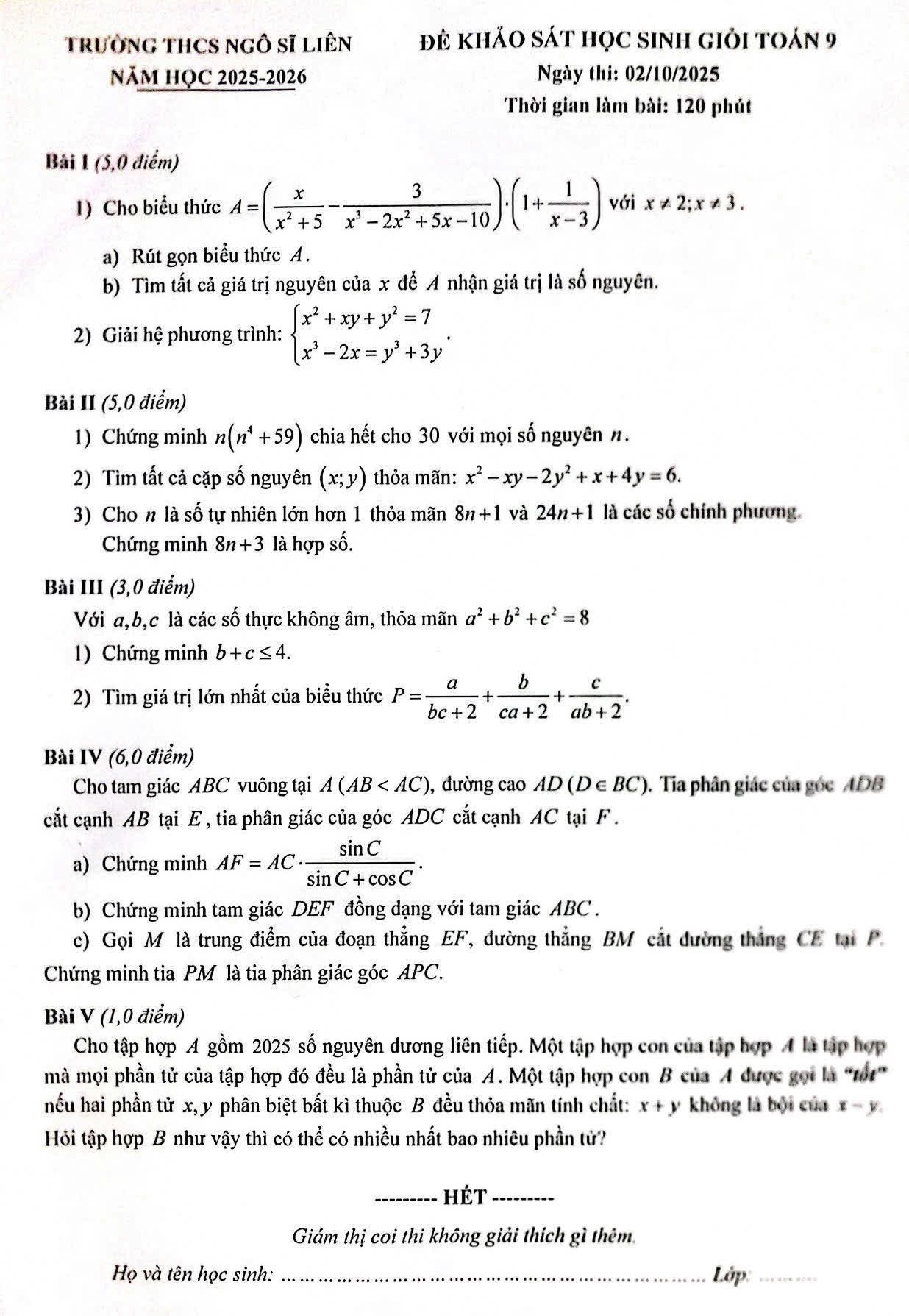 Đề chọn đội tuyển toán lớp 9 trường THCS Ngô Sĩ Liên năm học 2025-2026