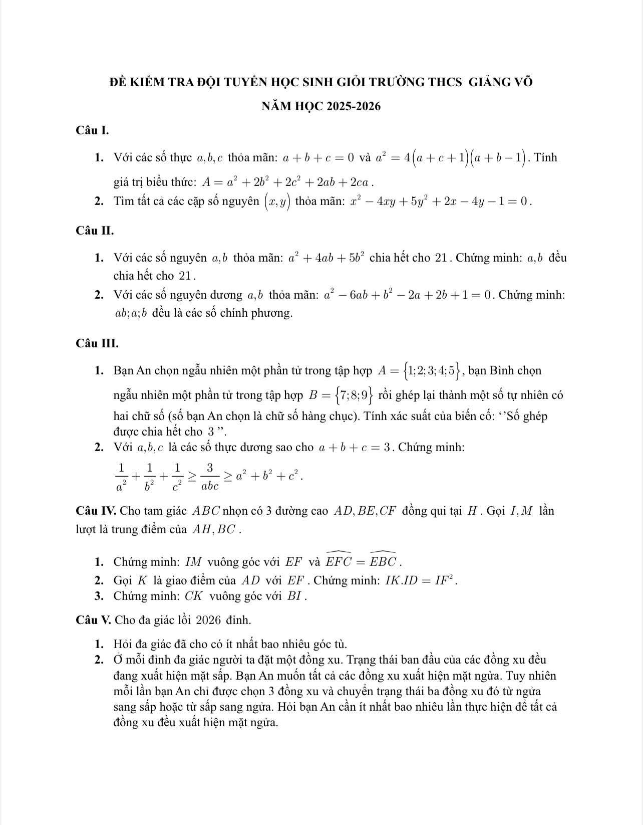 Đề thi chọn học sinh giỏi toán lớp 9 năm học 2025-2026 của trường THCS Giảng Võ