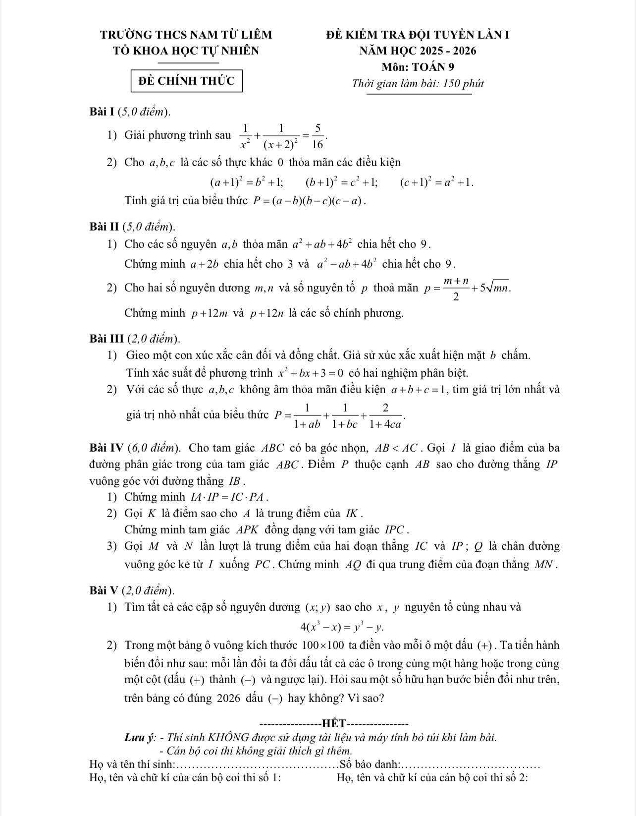 Đề chọn đội tuyển toán lớp 9 trường THCS Nam Từ Liêm năm học 2025-2026