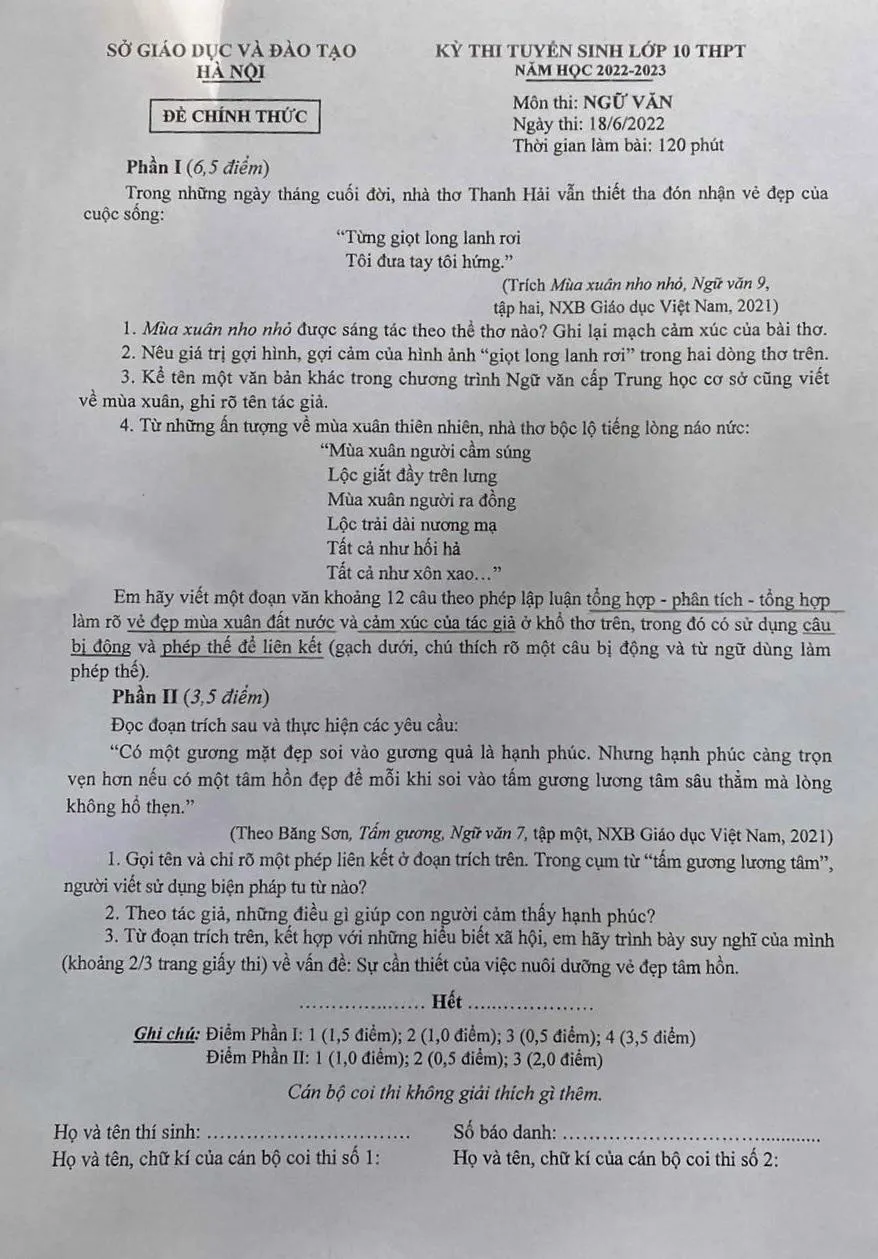 Đề thi môn Toán- Kỳ thi vào lớp 10 công lập năm học 2022- 2023 tại Hà Nội