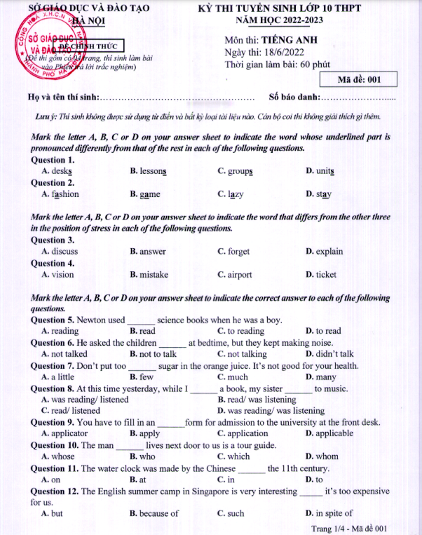 de toan thi vao 10 nam 2022 ha noi