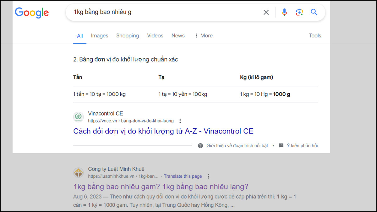 Quy đổi 1kg bằng bao nhiêu gam bằng tìm kiếm Google