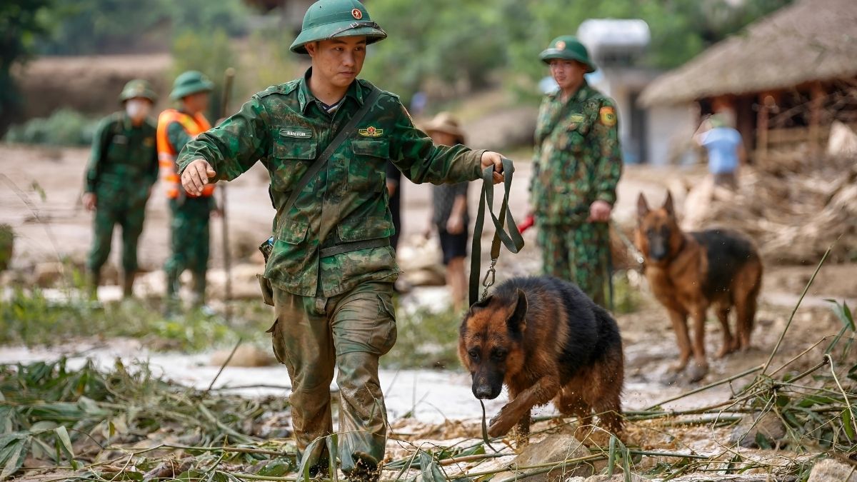 Hình ảnh chú bộ đội dắt chó xuống cứu trợ bà con dân làng