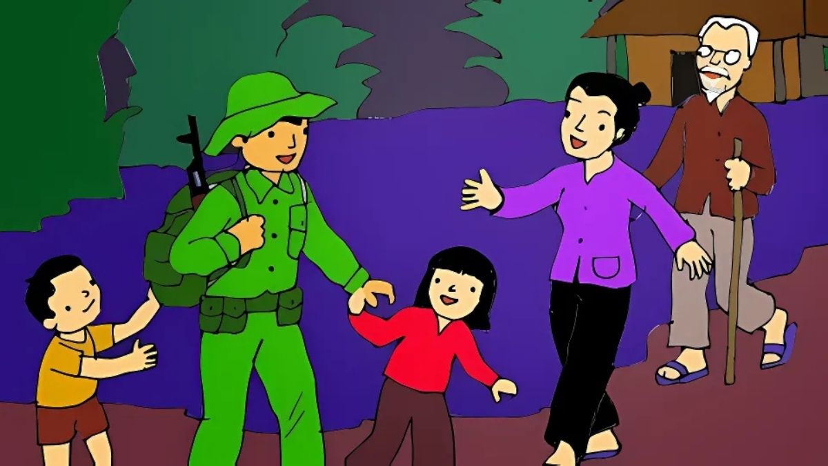 Hình ảnh chú bộ đội cùng bà con nô đùa