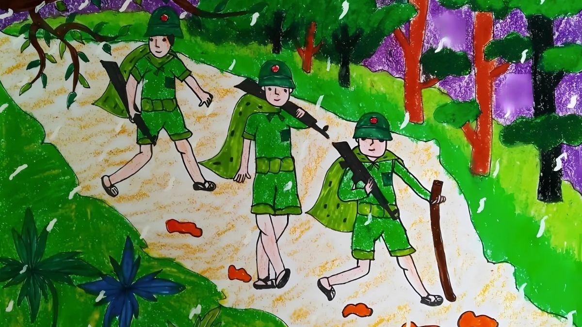 Hình ảnh chú bộ đội hoạt hình trên đường hành quân