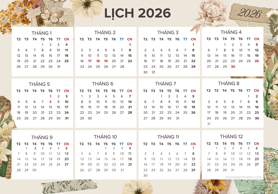 Các ngày lễ lớn trong năm 2026 (Bính Ngọ)