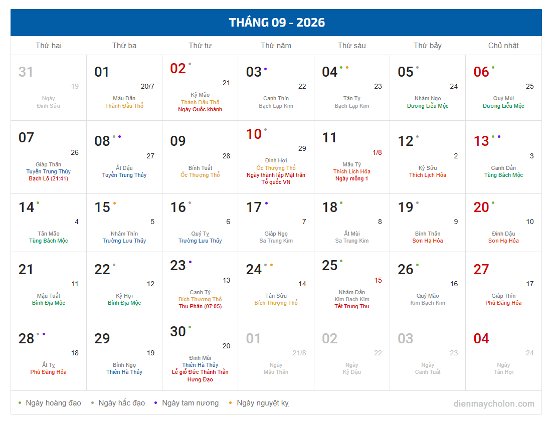 Có Quốc khánh 2/9 và Tết Trung Thu Rằm tháng 8.
