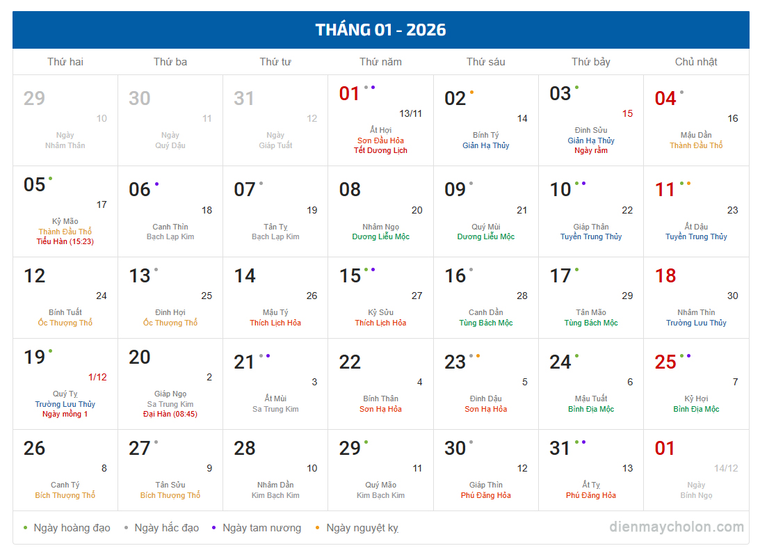 Lịch Âm Dương tháng 1 năm 2026 (Bính Ngọ)