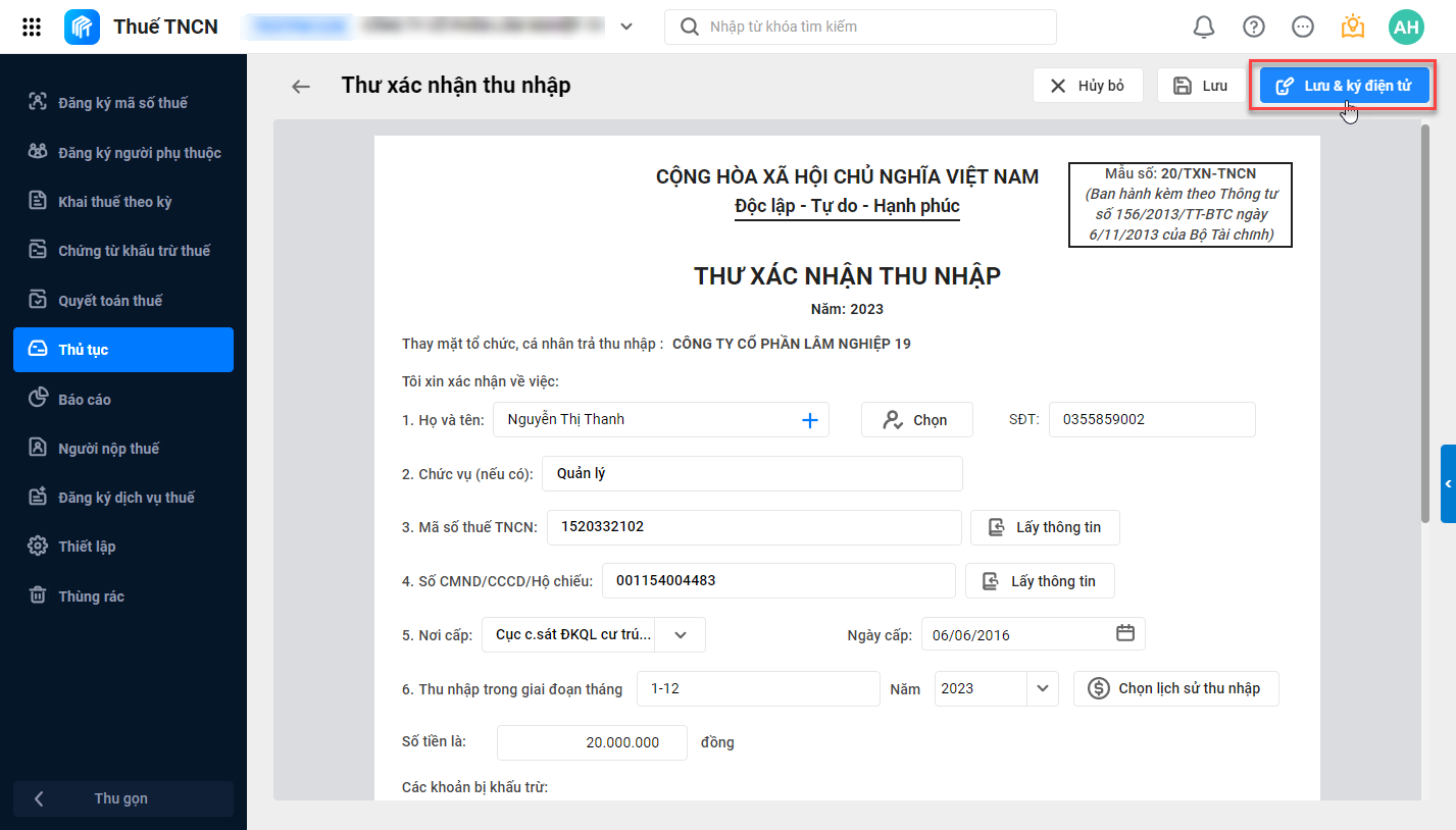 khai báo thông tin người lao động khi lập thư xác nhận thu nhập
